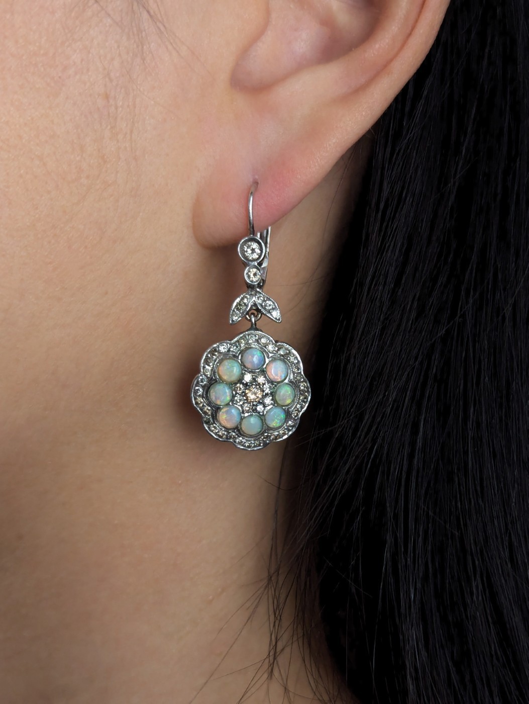 Vintage Solid Opal Diamond Flower Drop Earrings 9… - image 12
