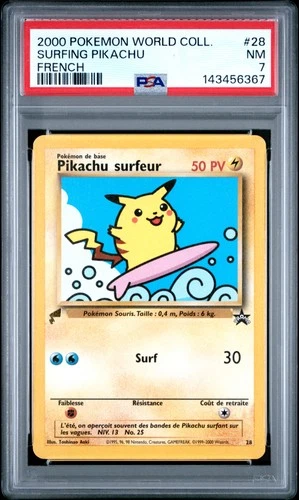 2000 POKEMON PIKACHU WORLD COLLECTION FRENCH #28 SURFING PIKACHU PSA 7