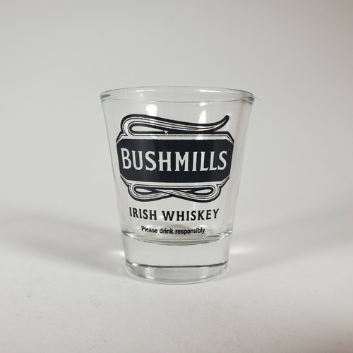 BUSHMILLS IRISH WHISKEY SHOT GLASSES NEW SET of 2 CLEAR w/BLACK