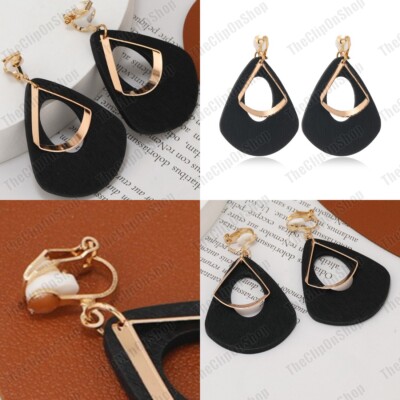 ANKLICK lang GROSS BOHO Holz DREIECK DROP Scheibenreifen geometrisch SCHWARZ & GOLD TON