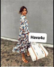 Zara Floral Print Tiered Midi Dress M Blue crinkle lightweight Holiday Summer 