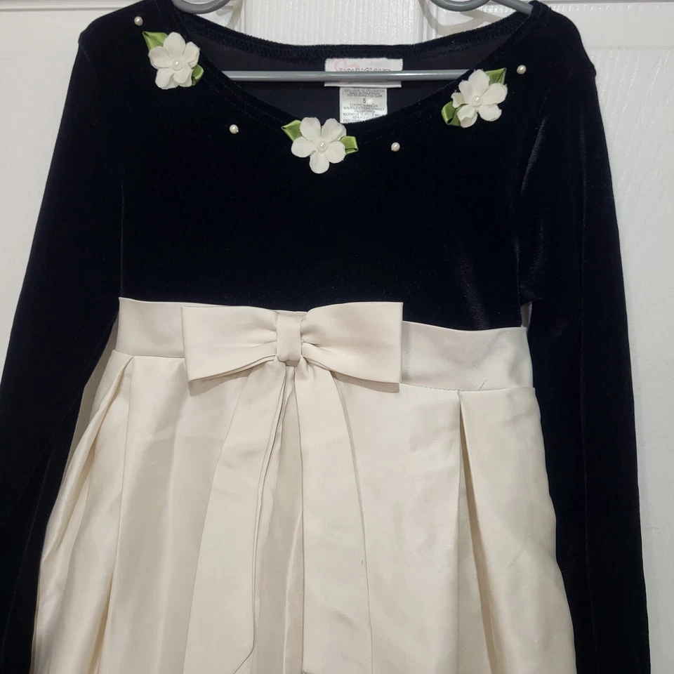 Vestido para niña Youngland negro de terciopelo manga larga blanco roto satinado 5 bodas formal Foto 3 de 4