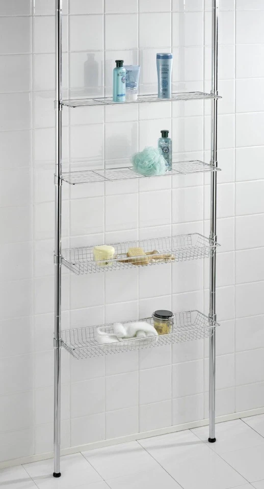 WENKO Scaffale telescopico Ellera - 2 aste di supporto estensibili, 2 ripiani, cestini portaoggetti - Immagine 3 di 4