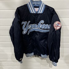 Vintage Yankees Majestic Snap Button Bomber Jacket Size Large Blue MLB