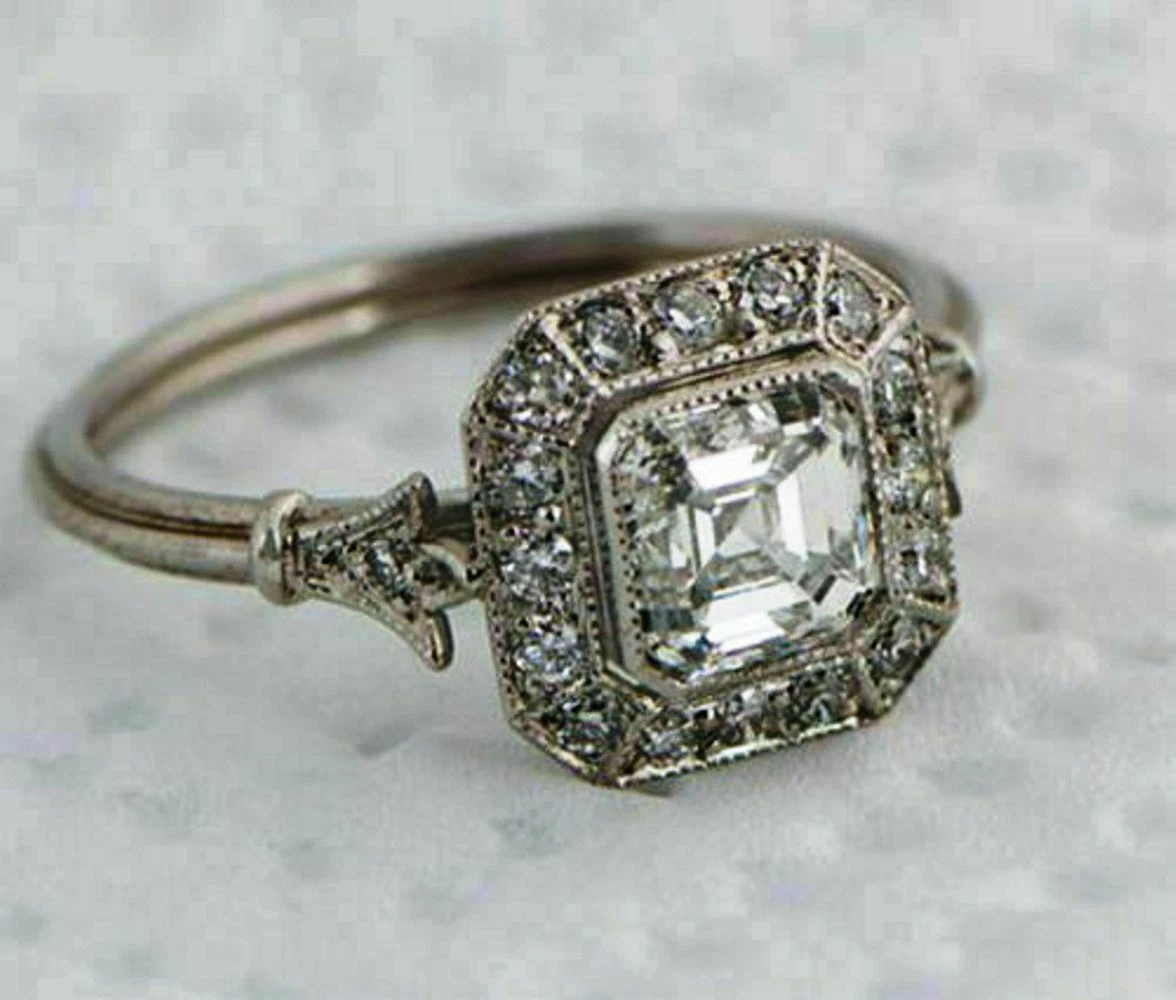 Asscher Cut Moissanite Engagement Ring, Vintage Style – Flawless Moissanite