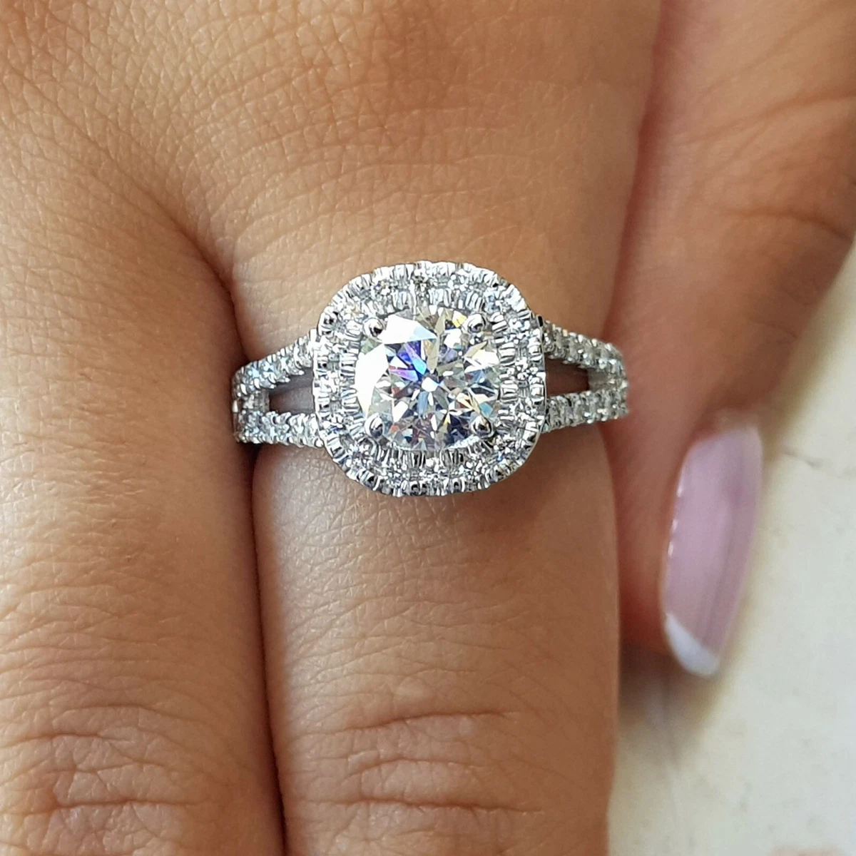 Halo Diamond Engagement Ring Natural Round 3.75 Ct Real 14k White