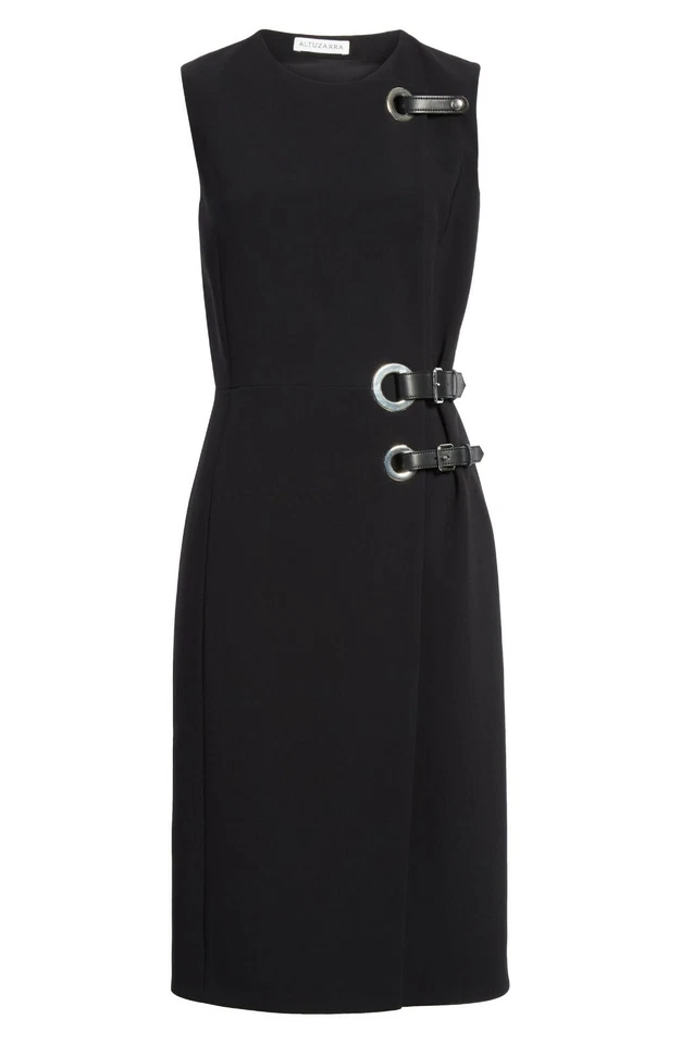 ALTUZARRA Black Grommet Hardware Leather Buckle Faux Wrap Midi Dress 34 0 XS - Image 2 of 4