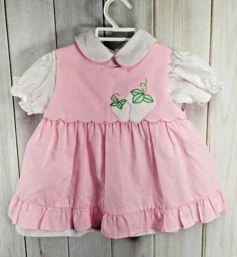 Vintage 80s Mayfair Pink Girl Pinafore 2 Piece Strawberry Dress 24 Months Sweet