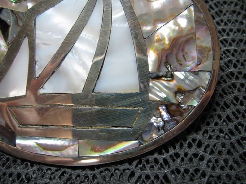 MOTHER OF PEARL ABALONE SHELL SAILBOAT CLIPPER SHIP BELT BUCKLE! VINTAGE! 1980s! - Picture 5 of 9