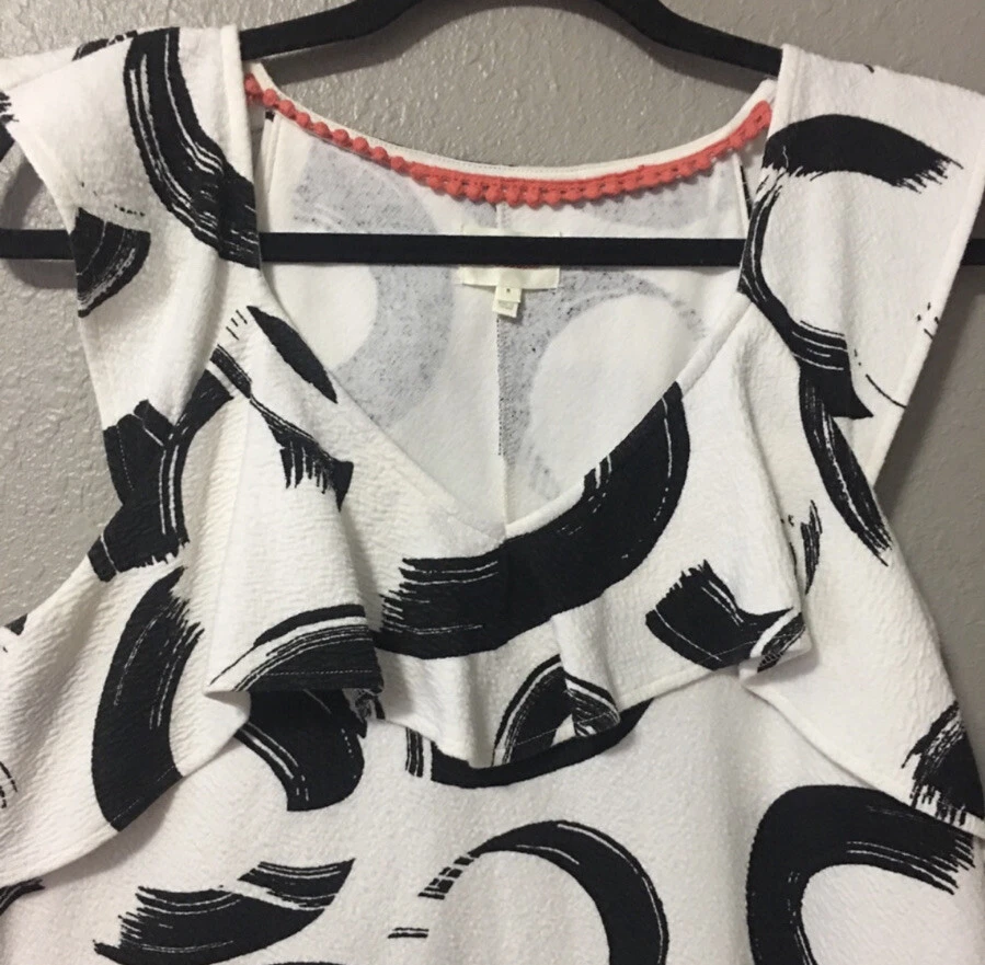 Vestido túnica Anthropologie Deletta Pincelada feminino preto branco tamanho médio babado - Imagem 4 de 4