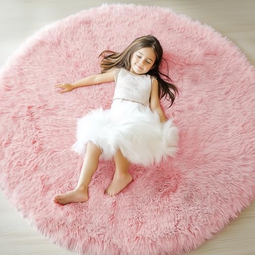 Runde Vorleger 4 Fuß für Schlafzimmer Wohnzimmer, Waschbar 4 Fuß (Rund) Hellrosa - Bild 2 von 6