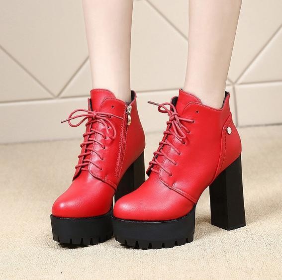 Fashion Women's Platform Lace Up Chunky High Heel Round Toe Pumps Biker Shoes