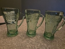 Set Of Three Green Coca-Cola Glass Mug with Handle Libby Heavy Coke Bar Ware 