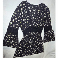 Boohoo Women US 14 Black Floral Bell Sleeve Tunic Mini Dress Crochet Lace Trim