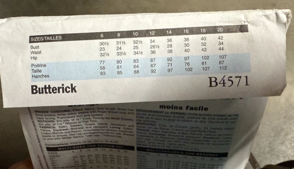 Butterick Pattern B4571 Costume Renaissance Medieval AA 6-8-10-12 *UNCUT* - Image 4 of 4