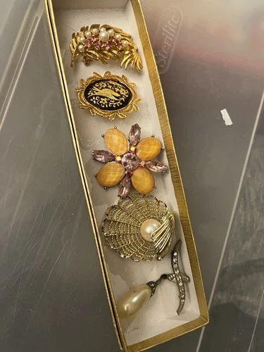 Vtg 5 Pc Lot Costume Jewelry Pins Vintage Gd Cnd Silver?