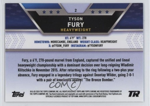 2024 Topps Chrome Tyson Fury #2 1jb0 - Foto 2 di 3