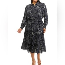 T Tahari Dark Blue and White Script Maxi Dress