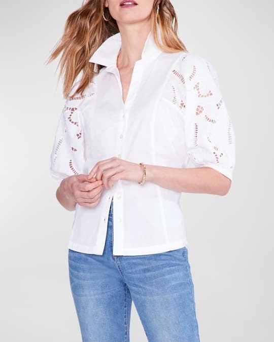 NIC + ZOE White Eyelet Puff Sleeve Button Down Blouse Women’s M Cotton Stretch