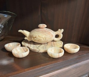 Vintage Carved Stone  teapot 8”x 4.5” W/ 4 matching cups 2” and base 8”x6”