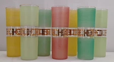 Lot of 7 Vintage MCM COLLINS ?  Frosted Color & Gold Chain Link Highball Glasses