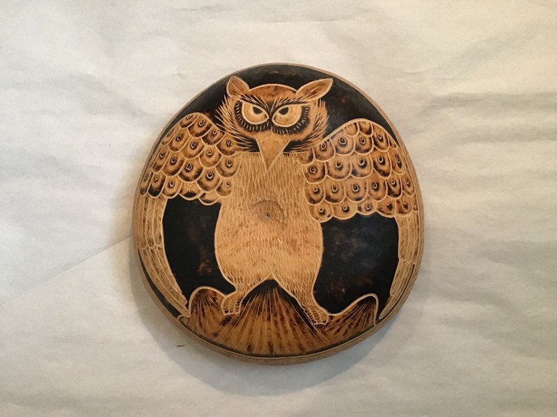 OWLS! NEW Large gourd bottom hand carve HORNED OWL wall hanger by BERTHA MEDINA