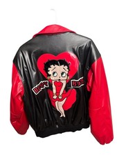 Betty Boop Vintage Style Bomber Jacket Black Red Faux Leather Y2K Streetwear LG