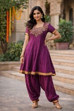 Indian Salwar Kameez Set Purple Gold Embroidered 2pc Anarkali Outfit Lg