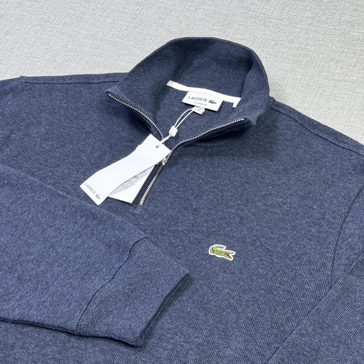 Lacoste 1/4 Zip Sweater Mens 2XL Blue Pockets Mock Neck Cotton