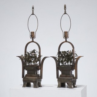 Vtg Tole Metal Porcelain Floral Arrangement Flower Basket Lamp Pair Iris Apfel