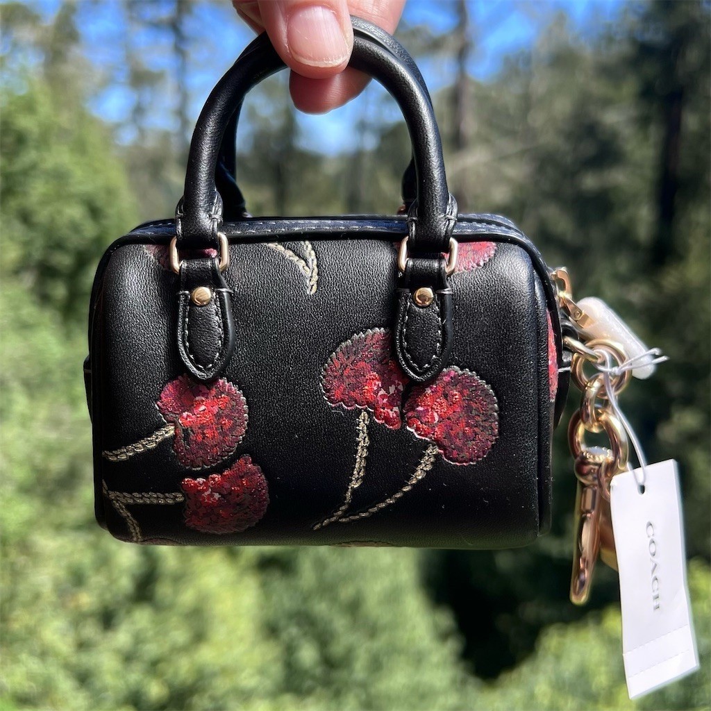 COACH Mini Rowan Bag Charm Black Multi w Sequin Cherry Print