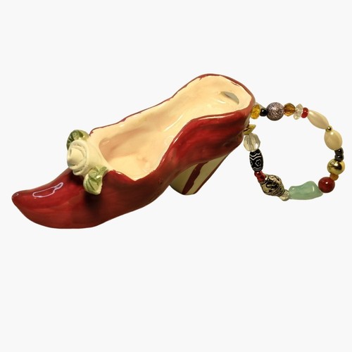Perlen High Heal Schuh Ornament rot weiß Keramik Handarbeit Vintage - Bild 5 von 9