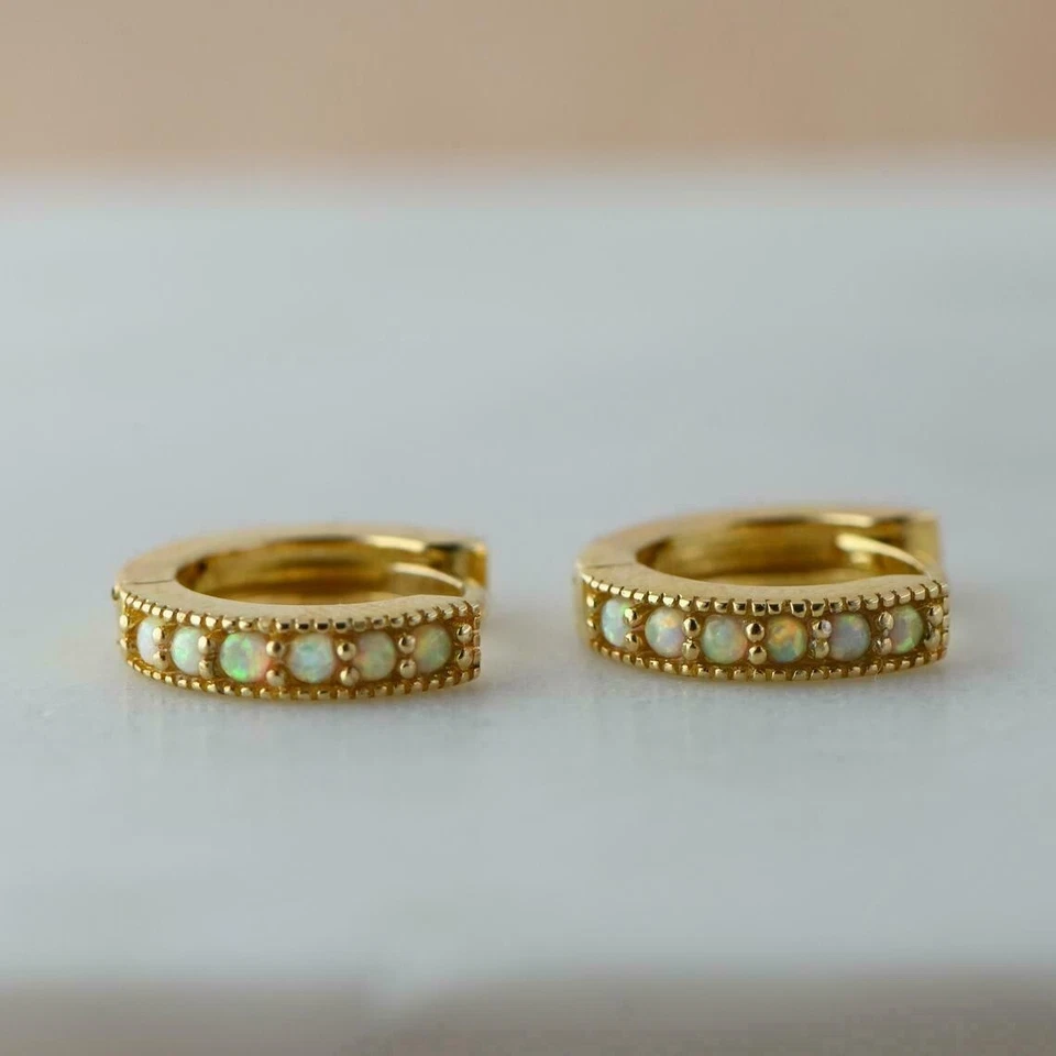 2.50 Ct Round Cut Fire Opal Huggie Hoop Women's Earrings 14k Yellow Gold  Finish - Image 3 of 4