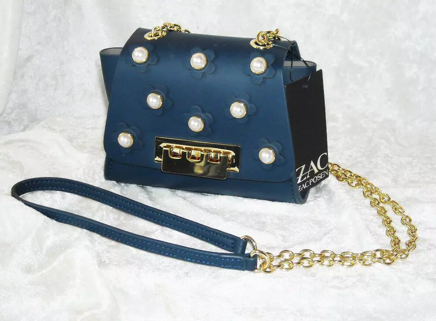 NEW ZAC ZAC POSEN Eartha Iconic Mini Chain BLUE LEATHER floral