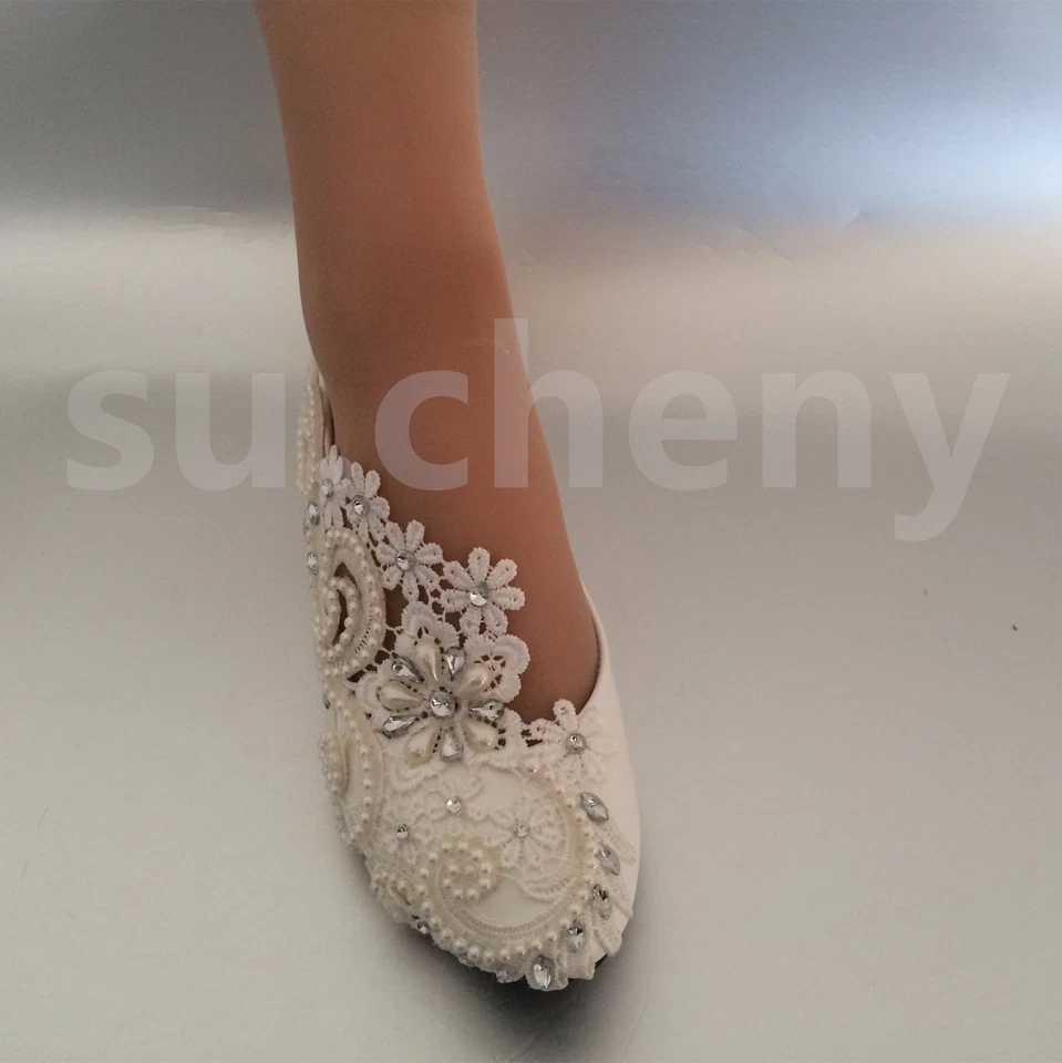 su.cheny White ivory pearls rhinestones lace flat Wedding shoes Bridal size 5-13 - Image 4 of 4