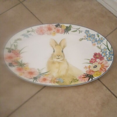 NEW HTF Pottery Barn Flora Floral Bunny rabbit EASTER Serving OVAL Platter  Plate