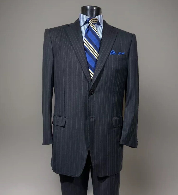 Ermenegildo Zegna Trofeo Wool Gray Royal Blue Stripe Mens Suit 44
