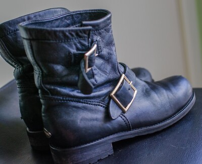 JIMMY CHOO 37 Dash Studded Black Leather Biker Boots 6,5