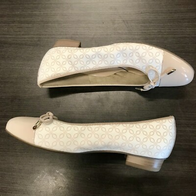 Ara Belinda White Leather & Nude Patent Leather Ballet Flat Bow Women Women's 7