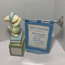Hallmark Keepsake BABY boy ANNOUNCEMENT Bunny blowing trumpet new Birth BLUE