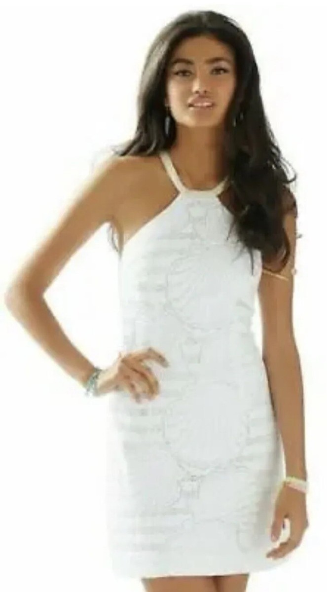 Lilly Pulitzer Jenna White Engineered Lace Shell Stripe Gold Lame Dress Size 4 Lilly Pulitzer Jenna White Engineered Lace Shell Stripe Gold Lame Dress Size 4