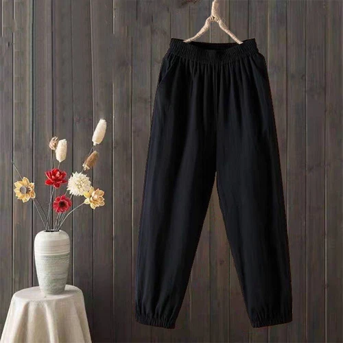 Retro Cotton Harem Pants with Pockets Women Elastic Waist Loose Casual Plus Size - Picture 9 of 22