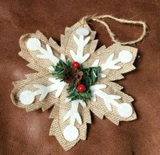 FARMHOUSE COUNTRY CHRISTMAS BURLAP SNOWFLAKE TAN ORNAMENT