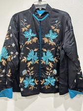 Vintage 100 Silk Norm Thompson Black Turquoise Embroidered Blazer Size Medium