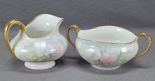 T&V Limoges Hand Painted Pink & White Orchids & Gold Creamer & Sugar C 1892-1907