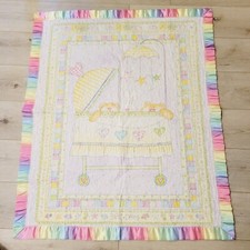 Vtg Hand Made Satin Rainbow Trim Teddy Bear Nursery Crib Quilt Blanket
