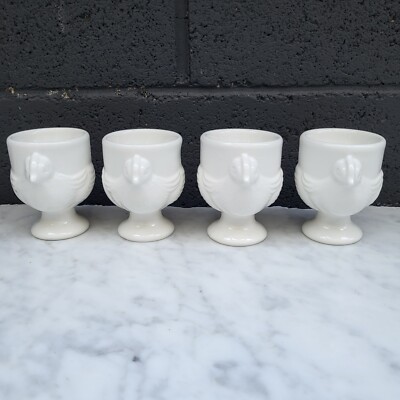 Four White Ceramic Chicken Chick Egg Cups Hens Spring Decor Farmhouse 2.75 in