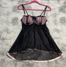 Victoria  s Secret Babydoll Black Pink Ribbon Bow Sheer Polka Dot Lingerie 36C
