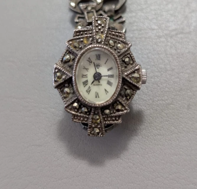 Art Deco Damenuhr aus 925er Silber mit Markasit-Besatz Quartz Vintage Japan - Bild 4 von 4