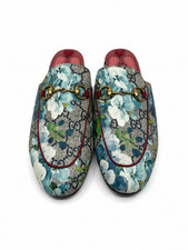 Gucci Grey Canvas Flower Printed Princetown Mules Size 36.5